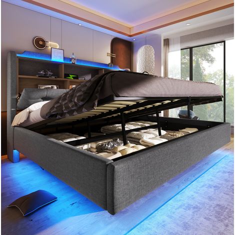 Cama de 180x200 cm con almacenamiento hidráulico, LED, USB y Type-C, cabecero con espacio de almacenamiento - gris (1/5)