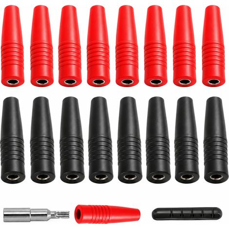 Prise Banane 4mm Femelle, Lot de 16 Connecteurs Banane 4 mm Plaqués Or, Douille Banane pour Haut-Parleur, Amplificateur, Multimètre et DIY, avec Support de Câble (1/5)