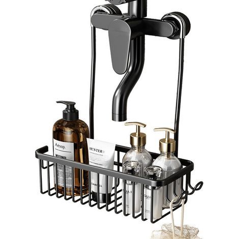 Étagère de douche suspendue - Noir - Acier inoxydable - Installation sans perçage - Organisateur de salle de bain - Noir - 30 x 13 x 37,5 cm (1/4)