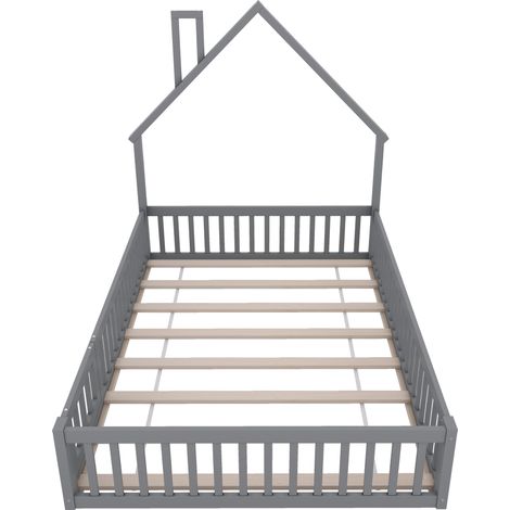 Cama infantil 140 x 200 cm con techo chimenea, madera de pino y MDF, gris (1/5)