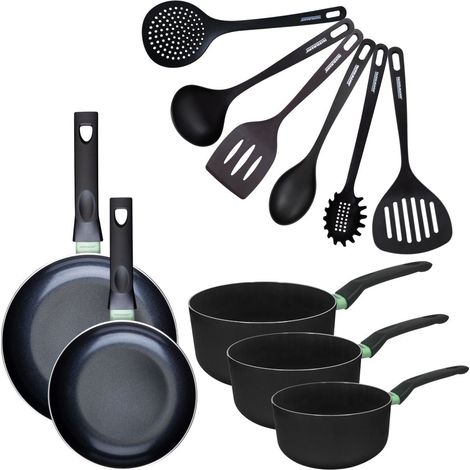 Set de 2 poêles 20 et 24 cm, 3 casseroles antiadhésives céramique 16, 18 et 20 cm et 6 ustensiles Fackelmann Brandao (1/5)
