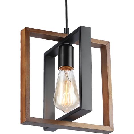 1 Plafonnier, Design Bois Et Métal Noir, Base E27 Réglable, Pour Salon Cuisine Salle À Manger