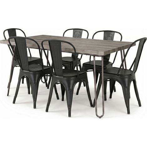 Pack Mesa de Comedor - Diseño Industrial 150cm + Pack de 6 Sillas de Comedor - Diseño Industrial - Hairpin Stylix