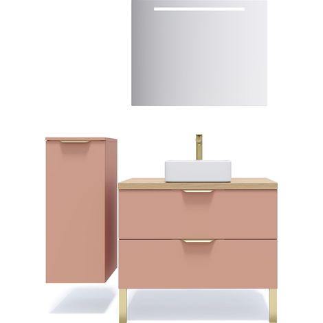 Meuble de salle de bain suspendu vasque à poser 90cm 2 tiroirs Abricot + miroir + colonne ouverture gauche - Venice (1/5)