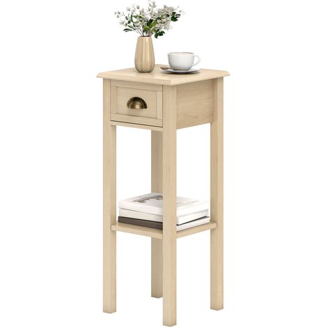 Table d'appoint rustique avec tiroir et étagère, idéale pour le salon ou la chambre, 30 x 30 x 75 cm, en bois naturel. (1/5)