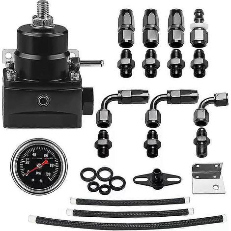 Kit régulateur de pression de carburant réglable, manomètre d'huile 0-100 psi -6AN Noir-SFYGV (1/5)