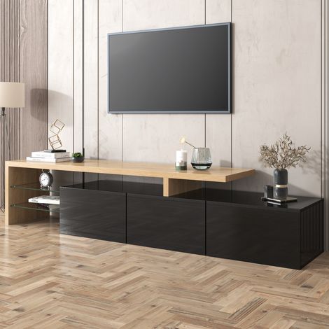 Mobile TV dal design moderno: eleganza elegante, pratico spazio di archiviazione, nero lucido, aspetto legno, ripiani in vetro, illuminazione a LED. (1/5)