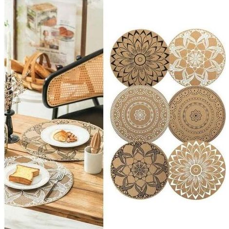Ecleanfy - Lot de 6 Sets de Table Ronds à Imprimé Bohème en PVC Tressés Sets de Table Lavable Résiste à la Chaleur Antidérapant Tapis de Table pour Cuisine Restaurant Table à Manger (Mélange)