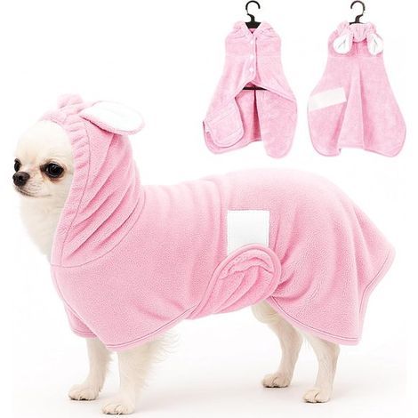 Bata/toalla para mascotas, Suave y de secado rápido, Collar y correa para el vientre ajustables, Apto para mascotas de 3,6 a 9 kg, Rosa, Talla S (1/5)