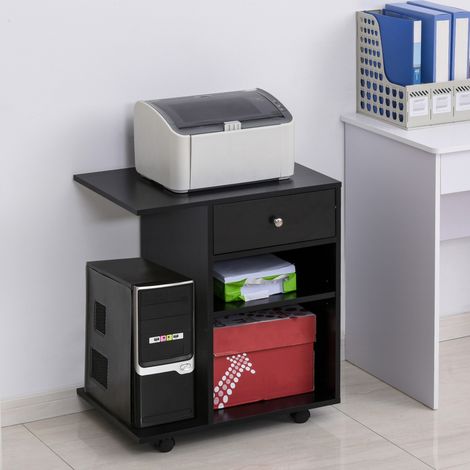 Vinsetto Support d'imprimante organiseur bureau caisson 2 niches tiroir espace CPU + grand plateau panneaux particules noir (1/5)