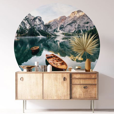 Sticker mural rond / cercle - Lac Montagnes - Diamètre 40 cm - Adhésif + Protection BRILLANTE (1/3)