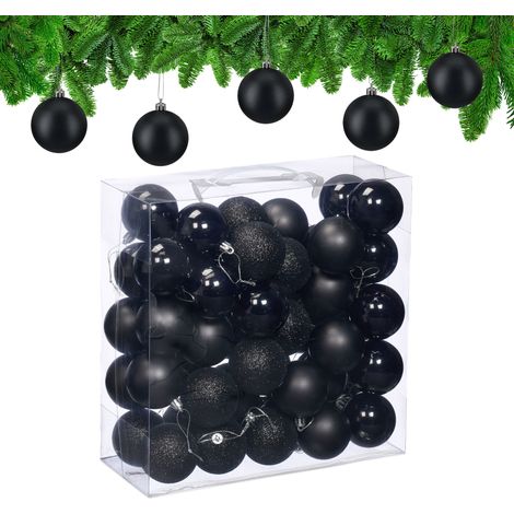 Relaxdays Weihnachtskugeln im 50er Set, Kunststoff, D: 6 cm, runde Weihnachtsbaumdeko, Baumschmuck bruchsicher, schwarz