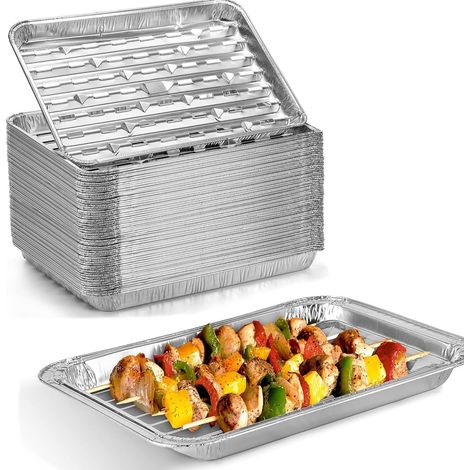 Packung mit 30 Einweg-Grillschalen – Perforiertes Aluminium – Großes Fassungsvermögen – 34 x 23 x 2,8 cm