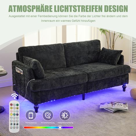 Canapé 2 places en chenille avec pieds en bois, éclairage LED, port USB, sac de rangement – pour salon, chambre, bureau (1/4)
