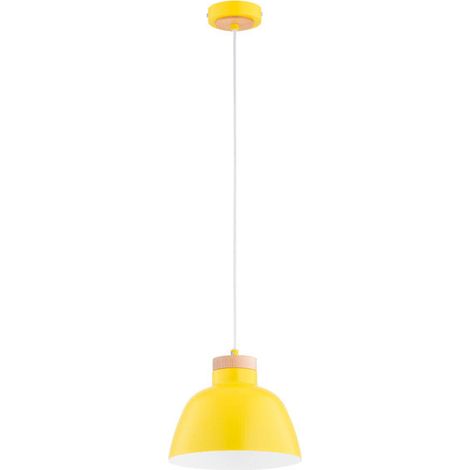 Alfa LORIEN Scandinavian Pendant Ceiling Light, Yellow Metal Shade with Wood Detail, 23cm, H90cm, 1x E27 (max 15W), Dimmable Modern Lamp for Dining Room & Living Room