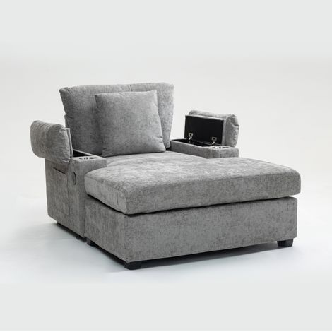 Einzel-Chaiselongue aus Chenille in Grau mit Becherhalter und USB-Ladefunktion (1/5)
