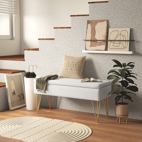 Einzelbett-Beistellbank mit Stauraum, moderne Stoffbank mit Stahlbeinen für Eingangsbereich, Schlafzimmer und Wohnzimmer, 100 x 40 x 49 cm, Creme