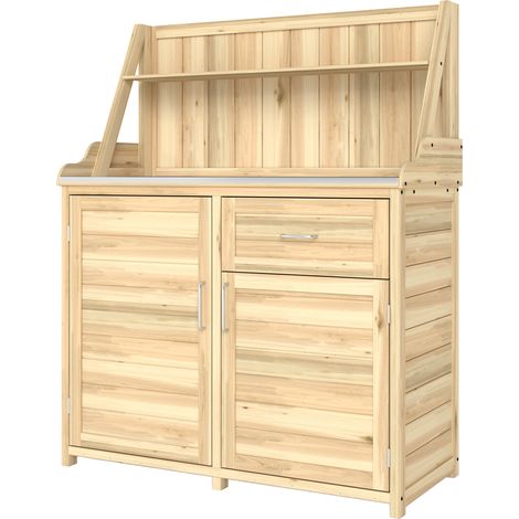 Armoire de Jardin en Bois avec Plan de Travail en Métal Galvanisé Tiroir et Étagère 100x45x129,5cm Naturel