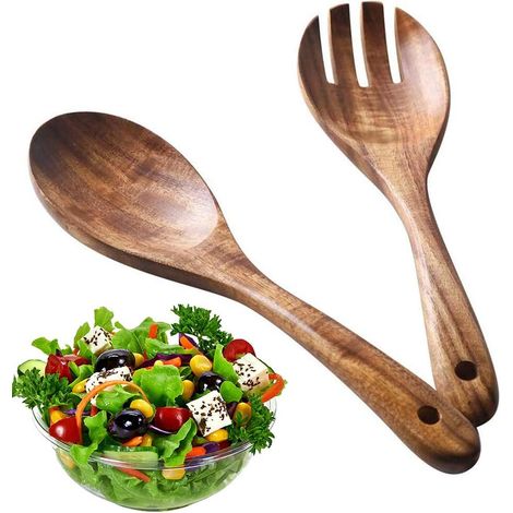 Ensemble de service à salade en bois 2 pièces, cuillère et fourchette en bois, réutilisables, écologiques, style rétro, spatule et cuillère en bois pour poêles antiadhésives