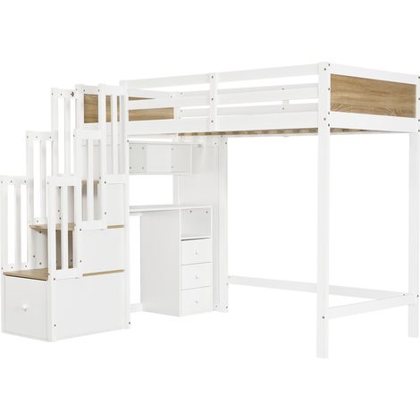 Kinder-Halbhochbett 90 x 200 cm mit Schreibtisch, Stauraum und Treppe Weiß/Naturholz HOMVRA (1/5)