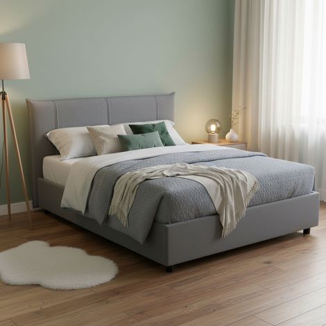 Talamo Italia Letto matrimoniale Ilenia, Letto contenitore con rivestimento in tessuto, 100% Made in Italy, Apertura frontale, con materasso Cm 160x200 incluso, Grigio, con imballo rinforzato (1/5)