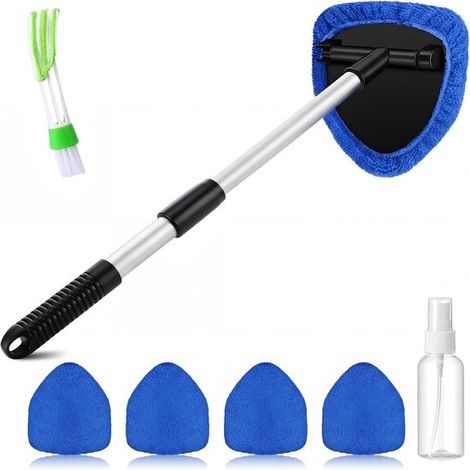 Pulitore per vetri, telescopico da 35,5 a 51 cm, con 4 panni in microfibra, 1 spazzola di ventilazione e 1 flacone spray vuoto, rotazione a 180 gradi, blu. (1/5)