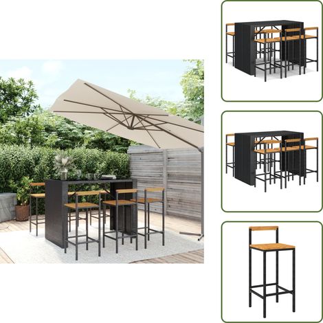 Ensemble de bar jardin 7 pcs noir poly rotin/bois massif acacia - Meubles De Jardin - Salon De Jardin - Set De Bar Extérieur - Mobilier De Jardin Moderne - Table De Bar Extérieure (1/5)