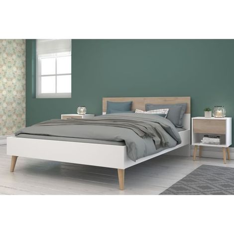 Ensemble Lit 140 x 190 cm + 2 chevets - AALBORG - Scandinave - Blanc / Chene - PARISOT (1/5)