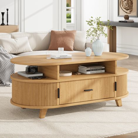Ovaler Couchtisch mit Stauraum, 100 x 50 x 40 cm, MDF/Spanplatte, Naturholzoptik (1/5)