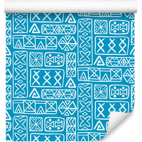 Carta da parati con motivo geometrico polinesiano turchese e celadon 50x1000 cm (1/5)