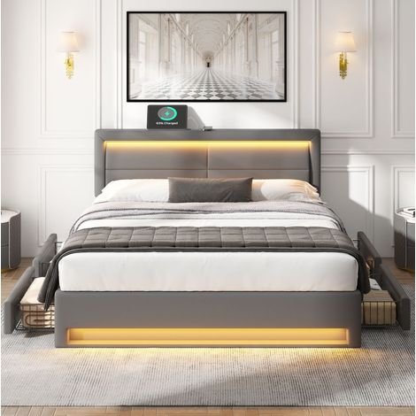 Bett Polsterbett Stauraum 140x200 USB LED Grau OKMYHOME (1/5)