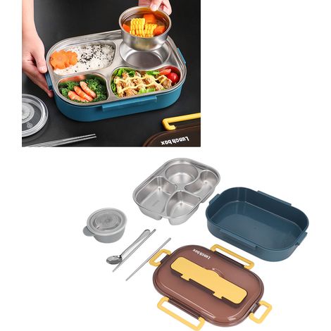 Boîte-repas isotherme en acier inoxydable 4 compartiments pour bureau, école, enfants (bleu et jaune, avec bol à soupe)
