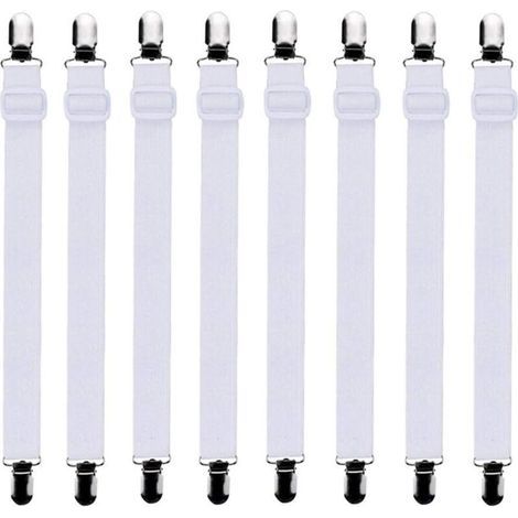 Set mit 8 verstellbaren Spannbettlakenhaltern. Passend für alle Betten und Matratzen. Weiß.