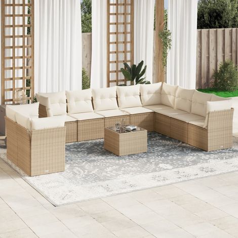 11-tlg. Garten-Sofagarnitur mit Kissen Beige Poly Rattan (1/3)