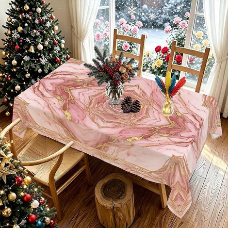 Nappe rectangulaire moderne et luxueuse, imprimée en 2D, motif géométrique marbré rose et or, idéale pour la cuisine, les repas en intérieur, la cour ou les fêtes de fin d'année. Convient également po (1/4)