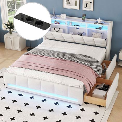 Lit Coffre - SOGEU - 140x200 - Lin beige - LED APP & USB - 2 tiroirs (1/5)