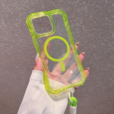 Coque de téléphone antichoc (vert fluorescent, iPhone 13 Pro) avec dragonne et protection de charge magnétique