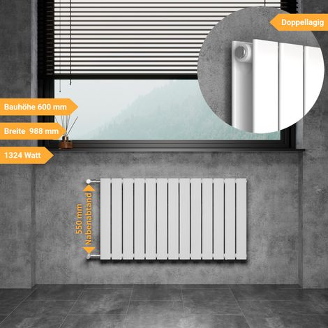 WITEN&NOCK Design Heizkörper Flachheizkörper Paneelheizkörper mit seitlichen Anschlüssen Nabenabstand 550mm weiß doppellagig 600x998mm 1324Watt