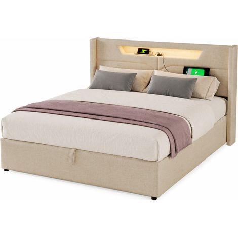 CHICFURN Lit coffre double tapissé en lin beige avec LED et ports USB Type C 140 x 200 AB20303435B (1/5)