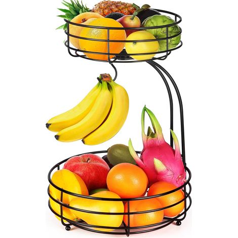 Panier à fruits double niveau en métal avec porte-bananes, corbeille à fruits, coloris noir (1/5)