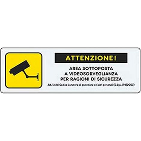 10PZ TARGHETTA ADESIVA "AREA VIDEOSORVEGLIATA" CON NORMATIVA - cm.15X5h.
