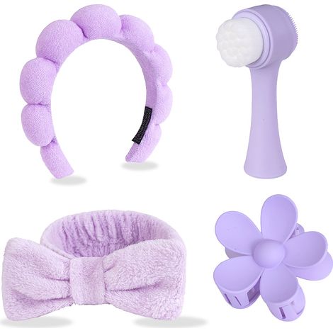 Lot de 4 bandeaux élastiques violets clairs pour femme, bandeau lavage visage avec accessoires poignet pour soin peau et maquillage (1/5)