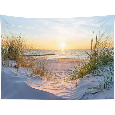 Tapisserie Murale Nature Tenture Murale Coucher de soleil sur la mer Couverture Murales Paysage d'été Tapisseries Decoration Murales pour Maison Salon (1/4)