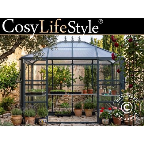 Orangerie polycarbonate avec base, 6,1m2, 2,84x2,15x2,43m, Noir - Dancover