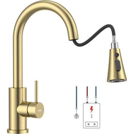 Robinet de cuisine à basse pression en or, mitigeur de cuisine en acier inoxydable SUS304 avec douchette à 3 jets rétractable, mitigeur de cuisine pivotant à 360°, mitigeur de cuisine à 3 (1/5)