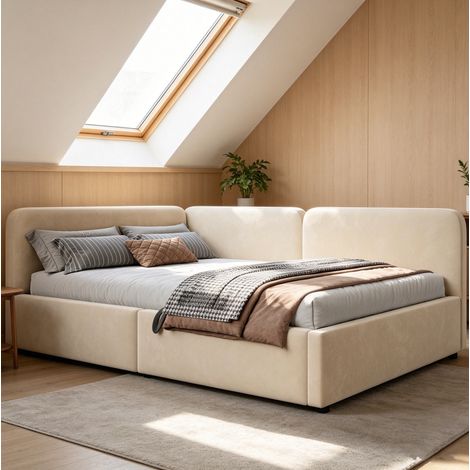 Cama diván tapizada 140x200 cm moderna en tela aterciopelada beige, con cabecero alto y arcón hidráulico (1/5)