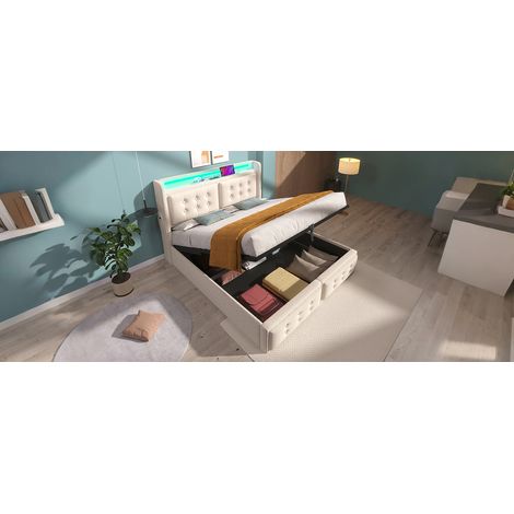 (AB20966364B) Lit pliant, 180 x 200 cm. Lit double, tête de lit en tissu beige avec port de chargement USB-C. Matelas hydraulique. Poids maximal supporté : 300 kg. Beige. (Matelas non inclus.) (1/5)