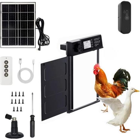 Porte Poulailler Automatique Solaire Température & Humidité Idéales pour la Santé des Poules Utilisation & Installation Ultra Simples Aluminium Renforcé Tout Temps Autonomie Longue durée
