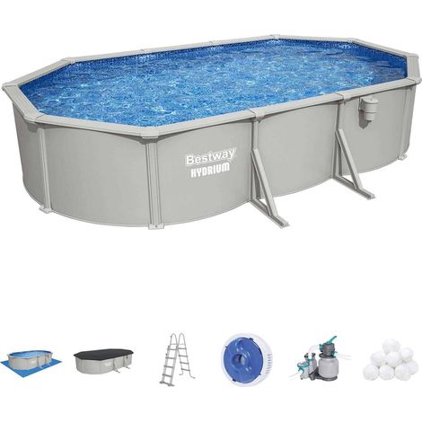 Piscina Desmontable Ovalada de Acero Bestway Hydrium 610 x 366 x 122 cm con Depuradora de Arena de 6.056 l/h, Lona de Fondo, Cobertor y Escalera