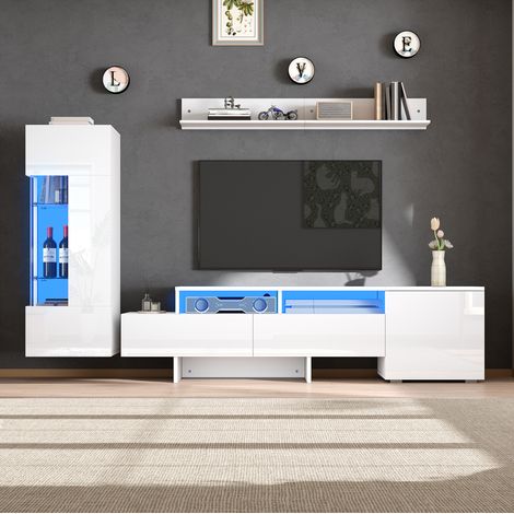 MODFU – Set de mueble TV de 3 piezas de paneles, acrílico y vidrio con LED controlable, compartimentos, estantes y carga 30 kg – Blanco brillante (1/5)